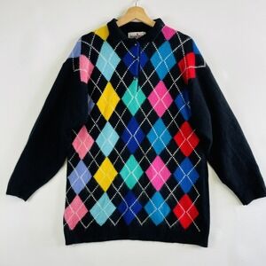 Vtg Brass Plum Women Small 80s  Preppy Rainbow Argyle Angora Wool Blend Sweater